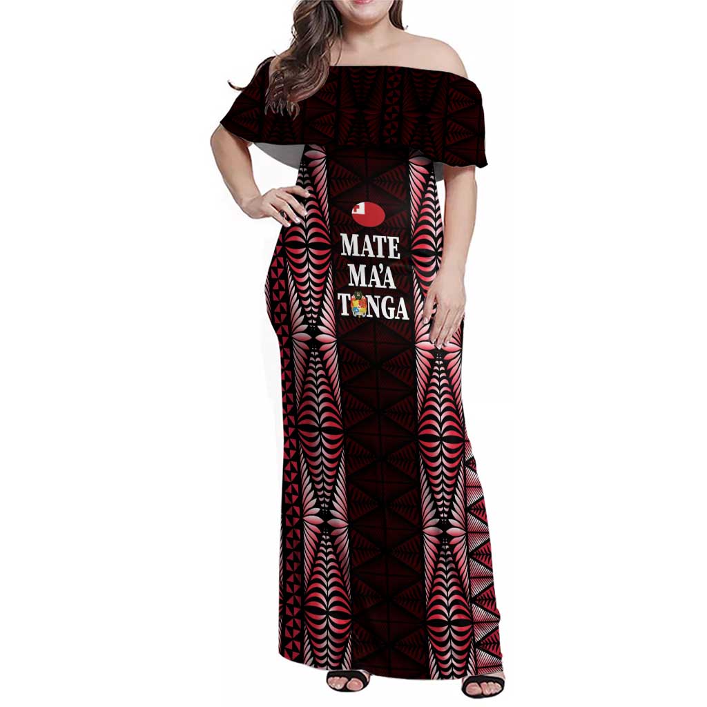 Tonga Rugby Personalised Family Matching Off Shoulder Maxi Dress and Hawaiian Shirt 2025 Mate Maa Tonga Ngatu Motif - Polynesian Pride