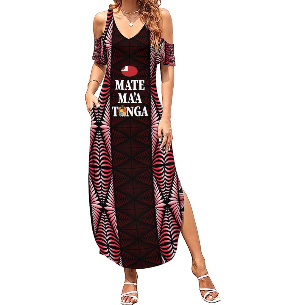Tonga Rugby Personalised Family Matching Summer Maxi Dress and Hawaiian Shirt 2025 Mate Maa Tonga Ngatu Motif - Polynesian Pride