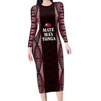 Tonga Rugby Personalised Long Sleeve Bodycon Dress 2025 Mate Maa Tonga Ngatu Motif - Polynesian Pride