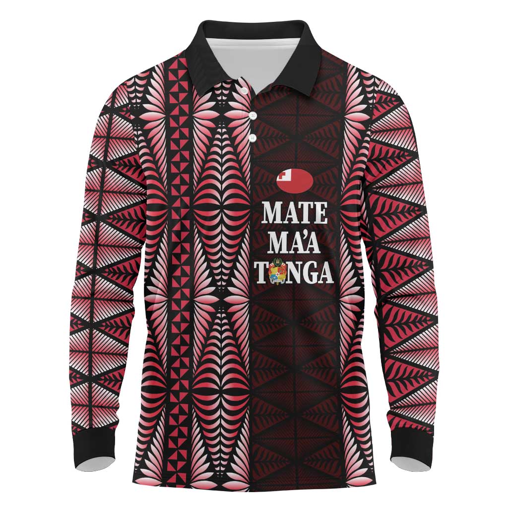 Tonga Rugby Personalised Long Sleeve Polo Shirt 2025 Mate Maa Tonga Ngatu Motif - Polynesian Pride
