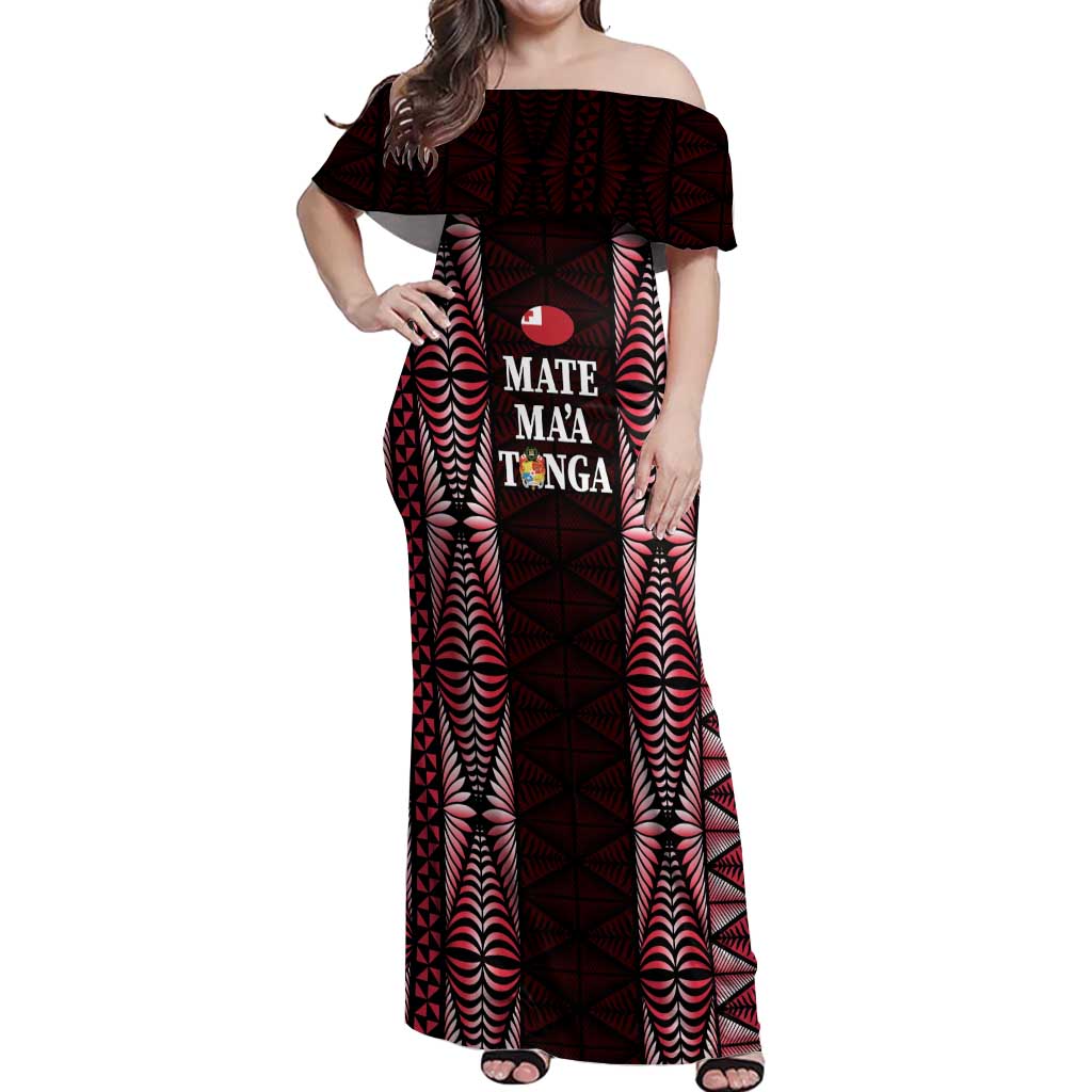 Tonga Rugby Personalised Off Shoulder Maxi Dress 2025 Mate Maa Tonga Ngatu Motif - Polynesian Pride