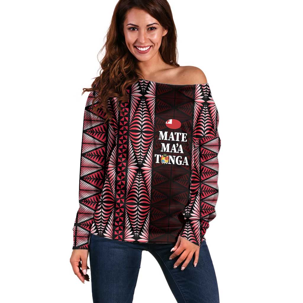 Tonga Rugby Personalised Off Shoulder Sweater 2025 Mate Maa Tonga Ngatu Motif - Polynesian Pride