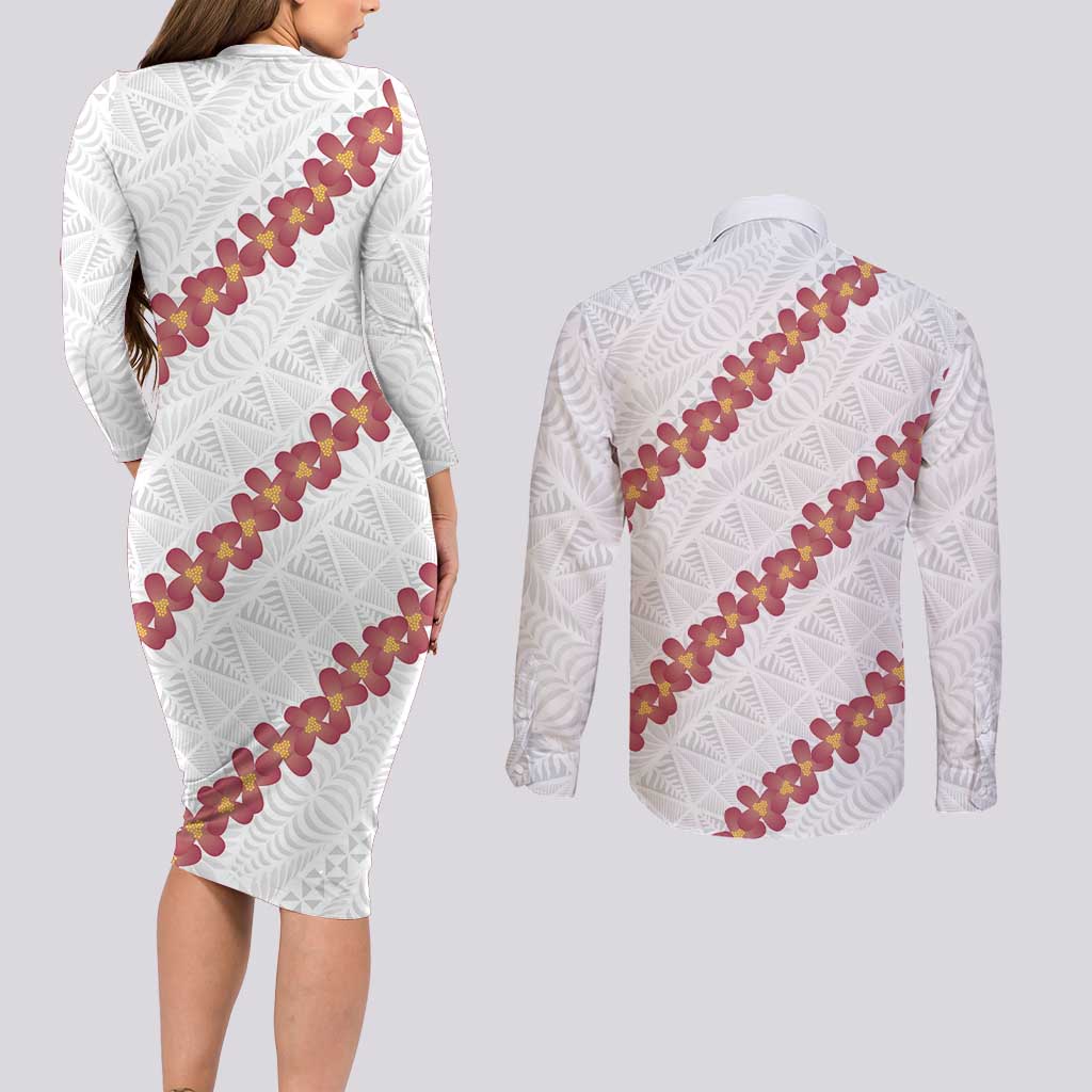White Sunday Tonga Fakame Couples Matching Long Sleeve Bodycon Dress and Long Sleeve Button Shirt Tongan Ngatu Heilala Lei - Polynesian Pride