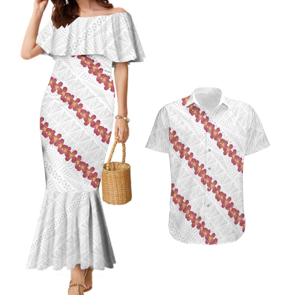 White Sunday Tonga Fakame Couples Matching Mermaid Dress and Hawaiian Shirt Tongan Ngatu Heilala Lei - Polynesian Pride