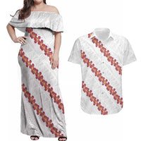 White Sunday Tonga Fakame Couples Matching Off Shoulder Maxi Dress and Hawaiian Shirt Tongan Ngatu Heilala Lei - Polynesian Pride