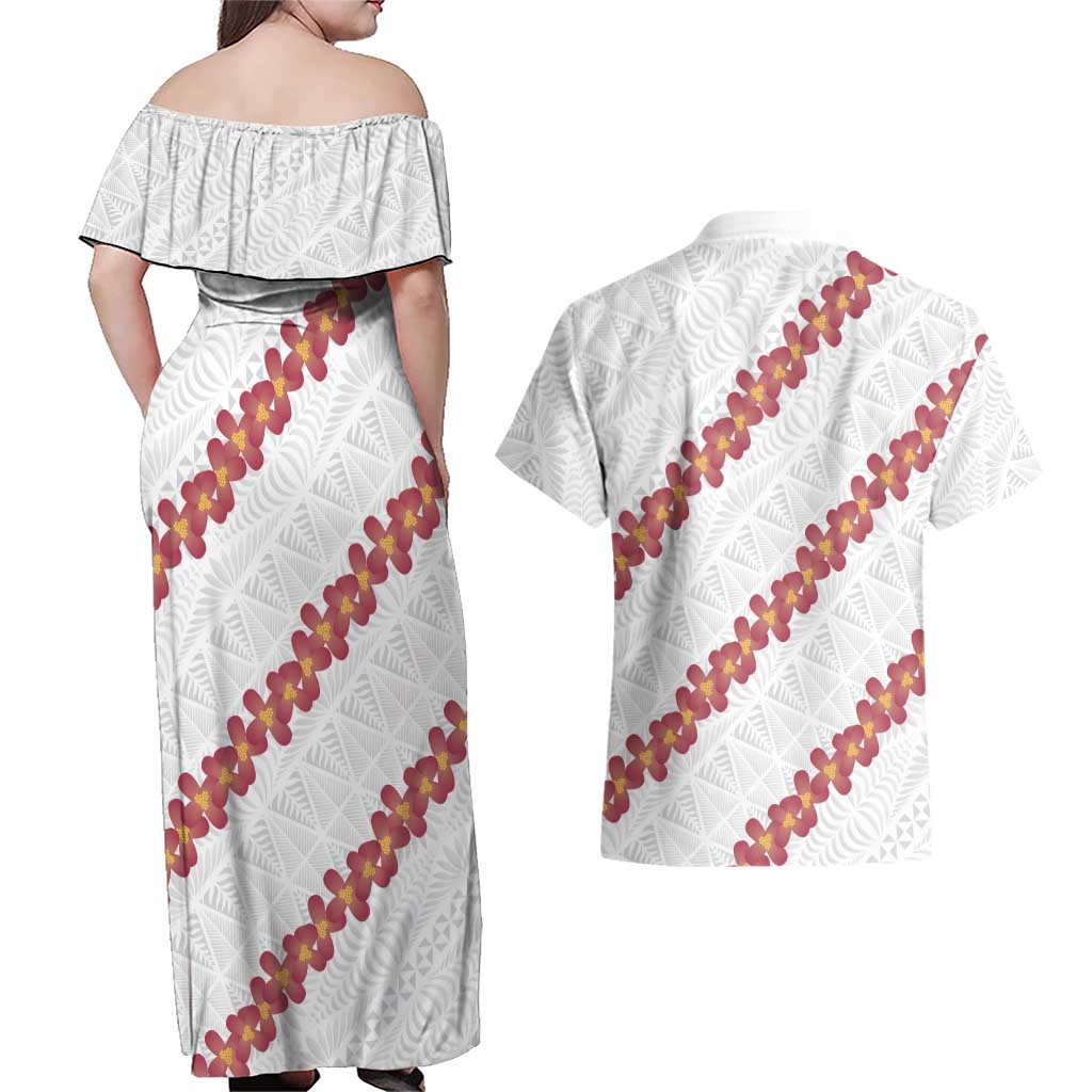 White Sunday Tonga Fakame Couples Matching Off Shoulder Maxi Dress and Hawaiian Shirt Tongan Ngatu Heilala Lei - Polynesian Pride