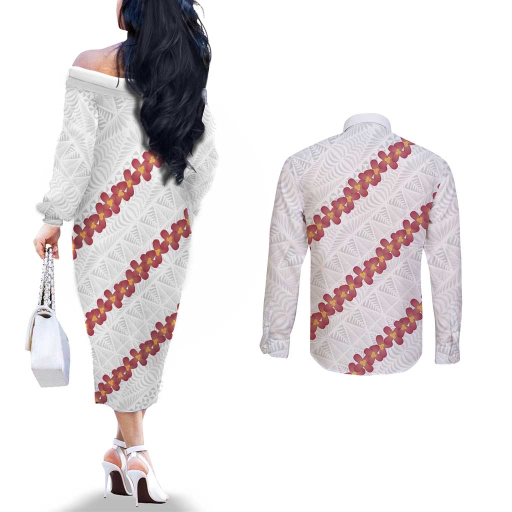 White Sunday Tonga Fakame Couples Matching Off The Shoulder Long Sleeve Dress and Long Sleeve Button Shirt Tongan Ngatu Heilala Lei - Polynesian Pride