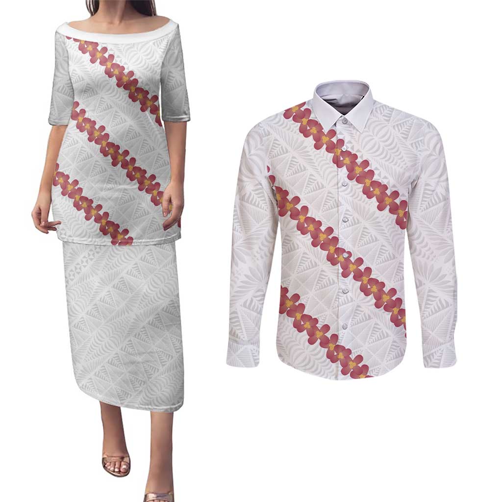 White Sunday Tonga Fakame Couples Matching Puletasi and Long Sleeve Button Shirt Tongan Ngatu Heilala Lei - Polynesian Pride