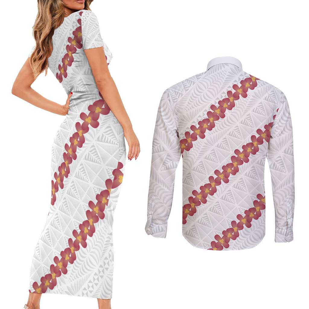White Sunday Tonga Fakame Couples Matching Short Sleeve Bodycon Dress and Long Sleeve Button Shirt Tongan Ngatu Heilala Lei - Polynesian Pride