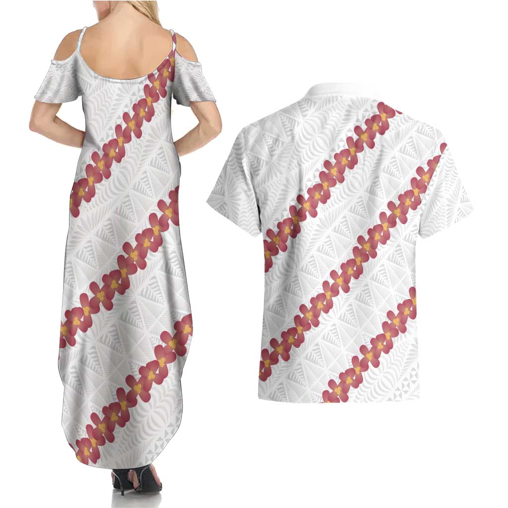 White Sunday Tonga Fakame Couples Matching Summer Maxi Dress and Hawaiian Shirt Tongan Ngatu Heilala Lei - Polynesian Pride