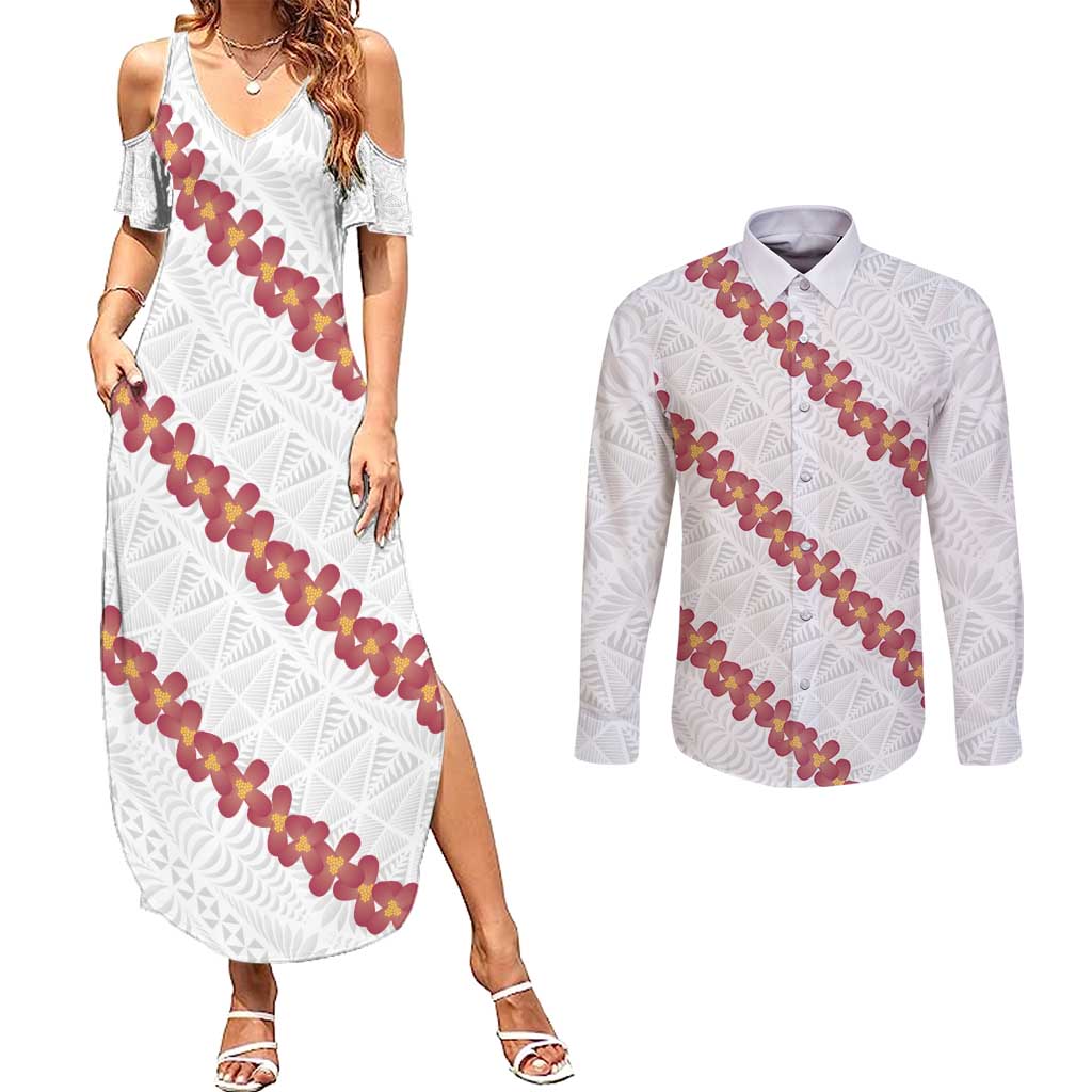 White Sunday Tonga Fakame Couples Matching Summer Maxi Dress and Long Sleeve Button Shirt Tongan Ngatu Heilala Lei - Polynesian Pride