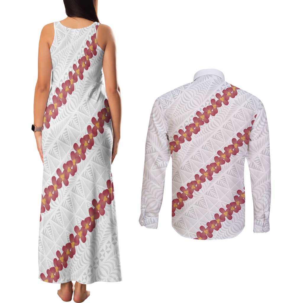 White Sunday Tonga Fakame Couples Matching Tank Maxi Dress and Long Sleeve Button Shirt Tongan Ngatu Heilala Lei - Polynesian Pride