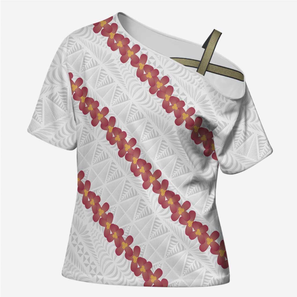 White Sunday Tonga Fakame Cross Shoulder Shirt Tongan Ngatu Heilala Lei - Polynesian Pride
