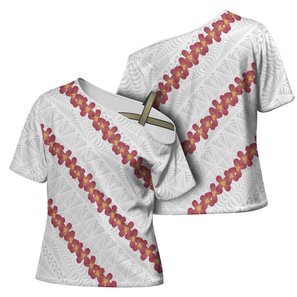 White Sunday Tonga Fakame Cross Shoulder Shirt Tongan Ngatu Heilala Lei - Polynesian Pride