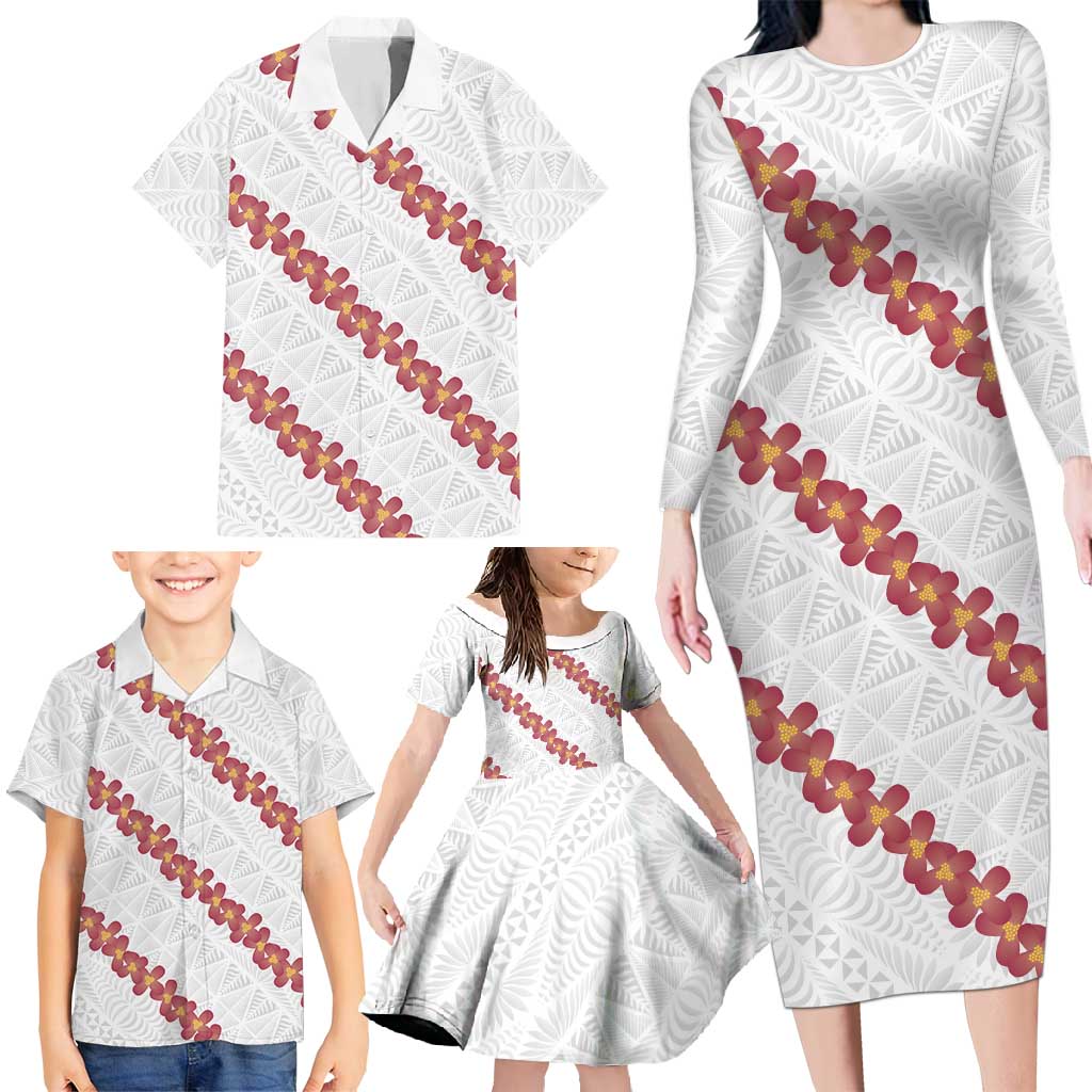 White Sunday Tonga Fakame Family Matching Long Sleeve Bodycon Dress and Hawaiian Shirt Tongan Ngatu Heilala Lei - Polynesian Pride