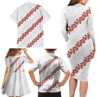 White Sunday Tonga Fakame Family Matching Long Sleeve Bodycon Dress and Hawaiian Shirt Tongan Ngatu Heilala Lei - Polynesian Pride