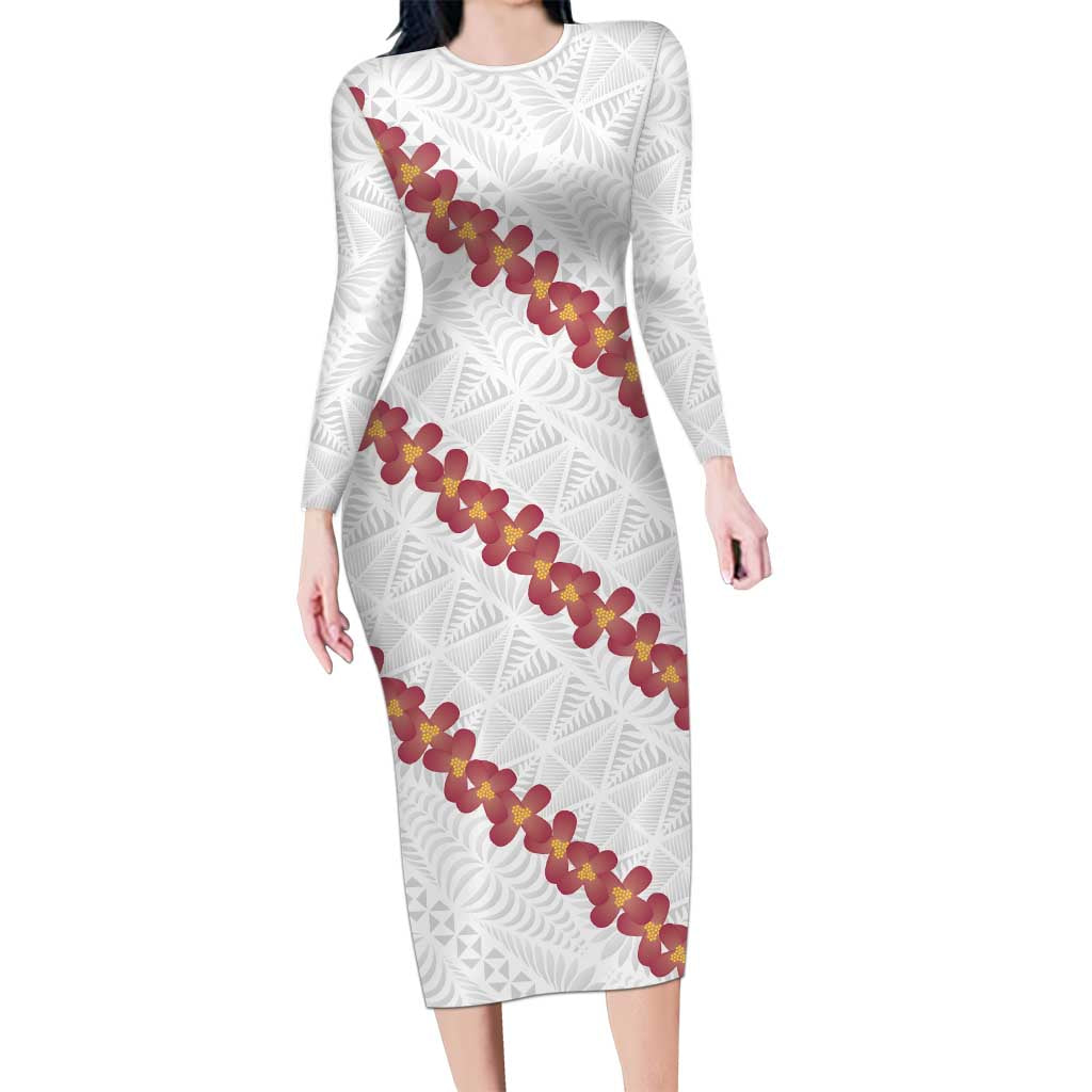White Sunday Tonga Fakame Family Matching Long Sleeve Bodycon Dress and Hawaiian Shirt Tongan Ngatu Heilala Lei - Polynesian Pride