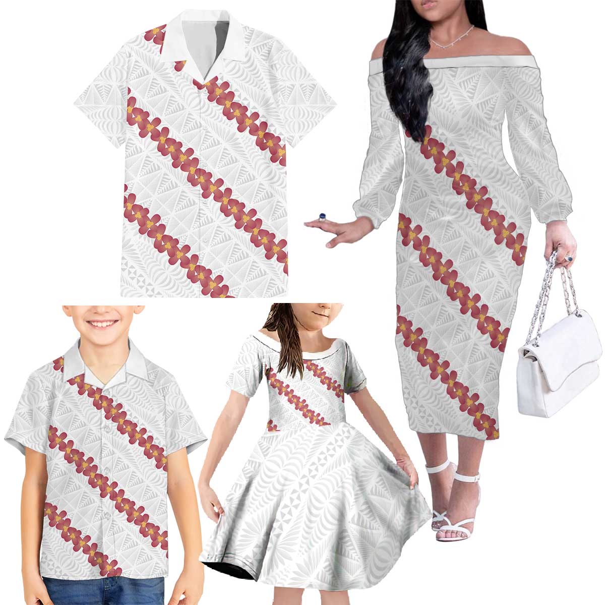 White Sunday Tonga Fakame Family Matching Off The Shoulder Long Sleeve Dress and Hawaiian Shirt Tongan Ngatu Heilala Lei - Polynesian Pride
