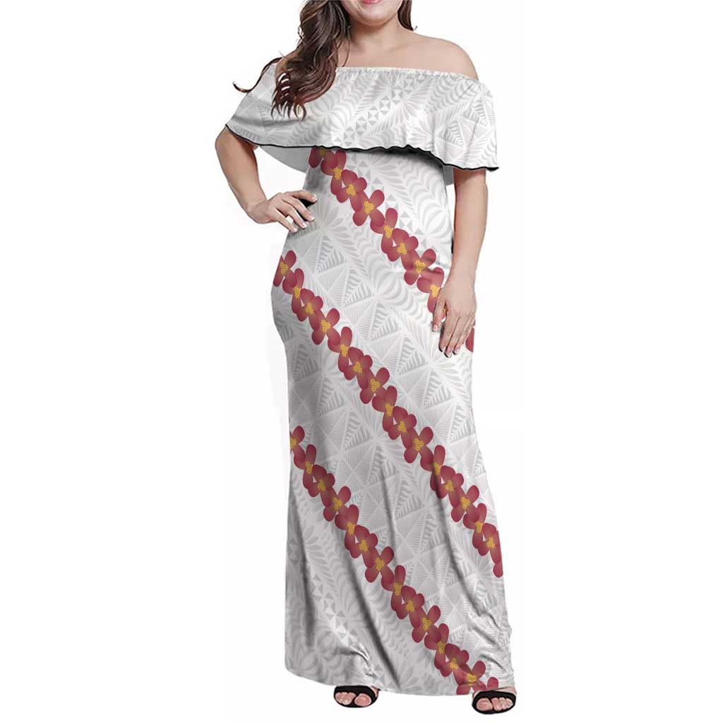 White Sunday Tonga Fakame Family Matching Off Shoulder Maxi Dress and Hawaiian Shirt Tongan Ngatu Heilala Lei - Polynesian Pride