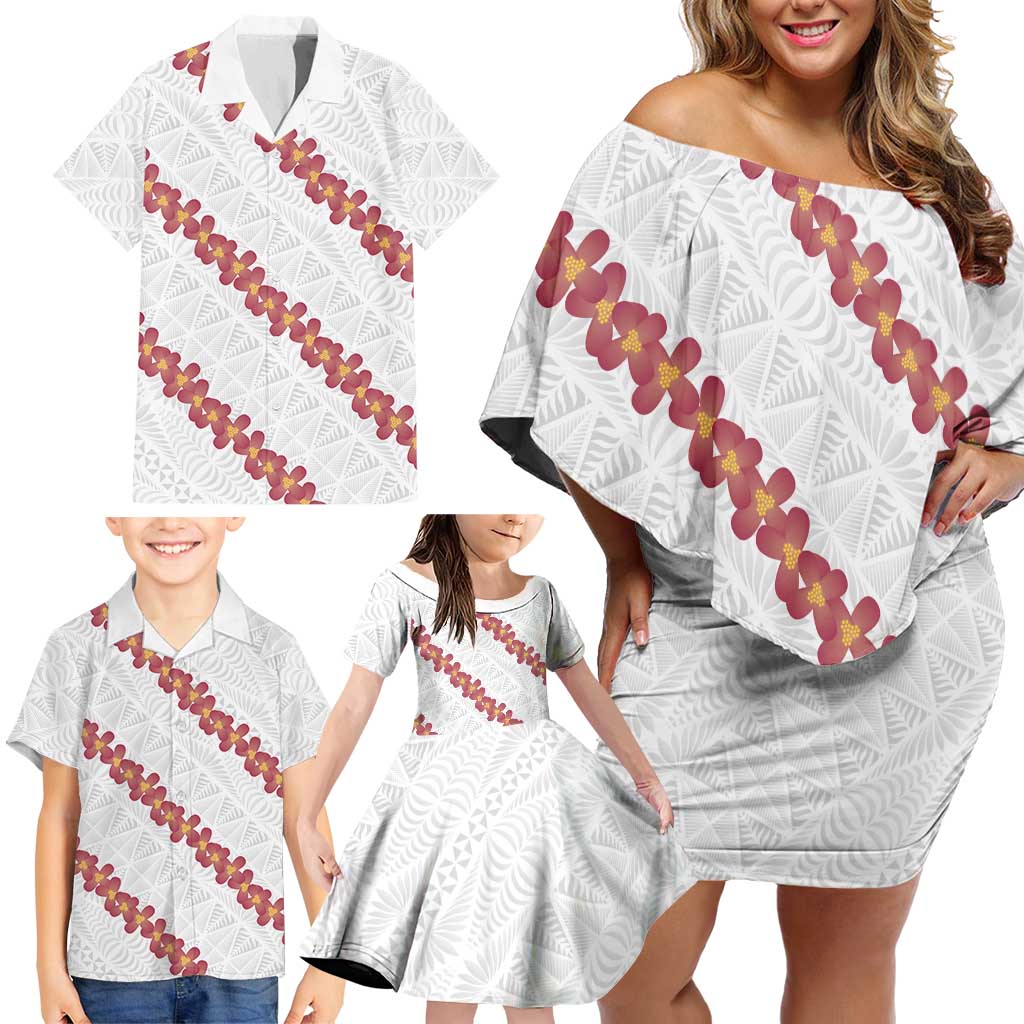 White Sunday Tonga Fakame Family Matching Off Shoulder Short Dress and Hawaiian Shirt Tongan Ngatu Heilala Lei - Polynesian Pride