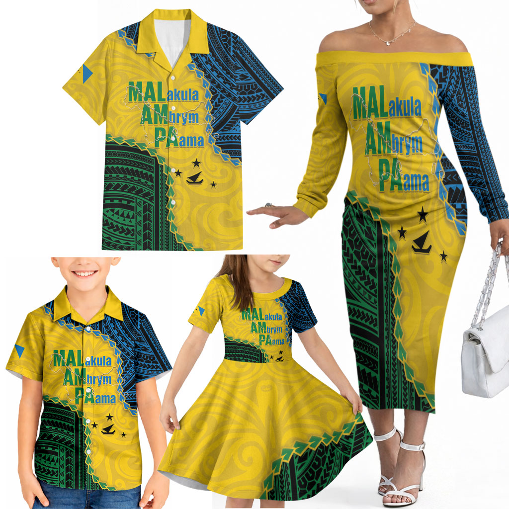 Personalised Malampa Province Vanuatu Family Matching Off The Shoulder Long Sleeve Dress and Hawaiian Shirt Map With Polynesian Pattern LT14 - Polynesian Pride