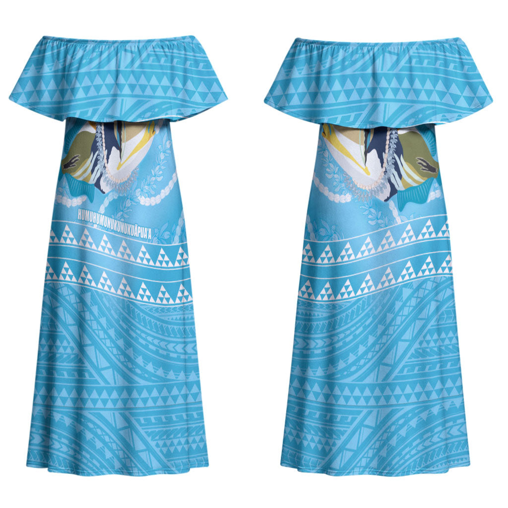 Aloha Hawaii Humuhumu Reef Triggerfish Couples Matching Off Shoulder Maxi Dress and Long Sleeve Button Shirt Hawaiian Leis Kakau Pattern LT14 - Polynesian Pride