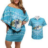 Aloha Hawaii Humuhumu Reef Triggerfish Couples Matching Off Shoulder Short Dress and Hawaiian Shirt Hawaiian Leis Kakau Pattern LT14 Blue - Polynesian Pride