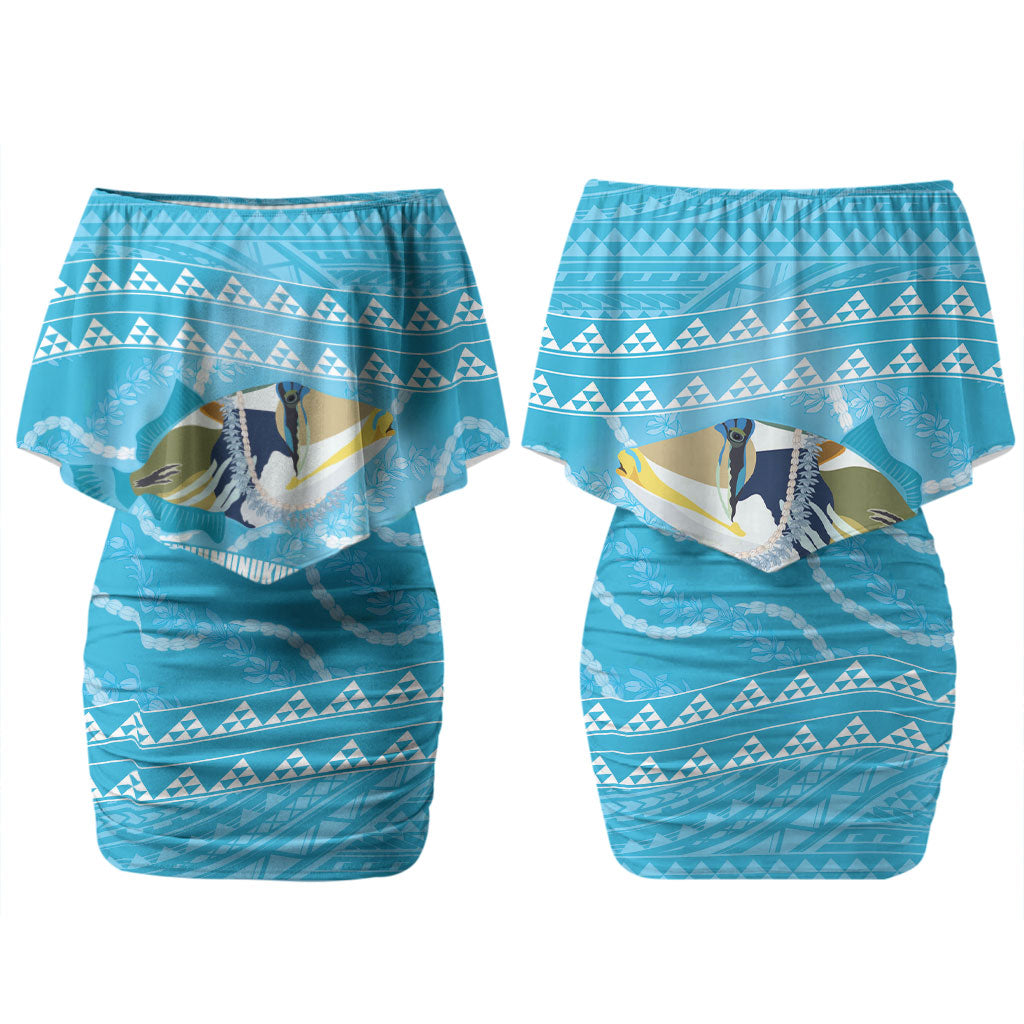 Aloha Hawaii Humuhumu Reef Triggerfish Couples Matching Off Shoulder Short Dress and Hawaiian Shirt Hawaiian Leis Kakau Pattern LT14 - Polynesian Pride