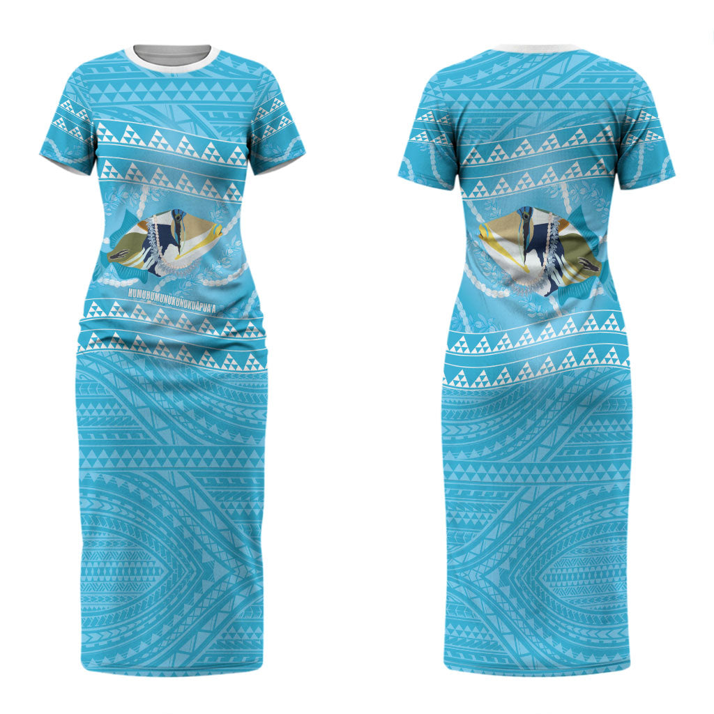 Aloha Hawaii Humuhumu Reef Triggerfish Couples Matching Short Sleeve Bodycon Dress and Hawaiian Shirt Hawaiian Leis Kakau Pattern LT14 - Polynesian Pride