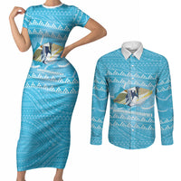 Aloha Hawaii Humuhumu Reef Triggerfish Couples Matching Short Sleeve Bodycon Dress and Long Sleeve Button Shirt Hawaiian Leis Kakau Pattern LT14 Blue - Polynesian Pride