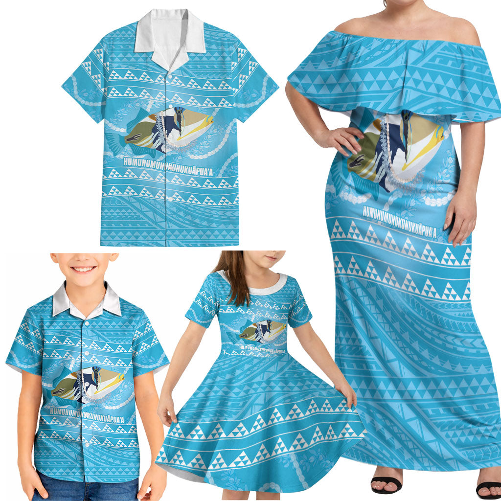 Aloha Hawaii Humuhumu Reef Triggerfish Family Matching Off Shoulder Maxi Dress and Hawaiian Shirt Hawaiian Leis Kakau Pattern LT14 - Polynesian Pride