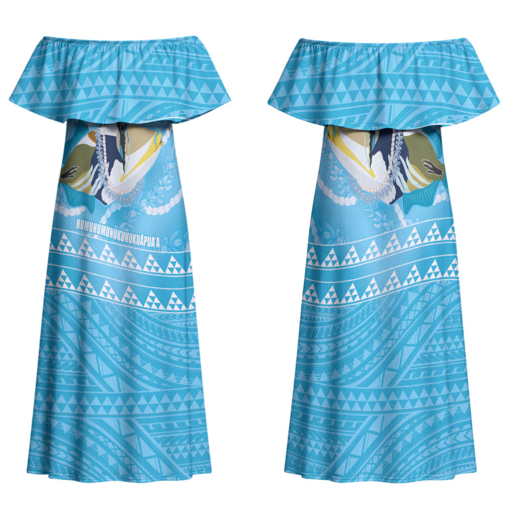 Aloha Hawaii Humuhumu Reef Triggerfish Family Matching Off Shoulder Maxi Dress and Hawaiian Shirt Hawaiian Leis Kakau Pattern LT14 Mom's Dress Blue - Polynesian Pride