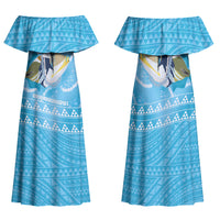 Aloha Hawaii Humuhumu Reef Triggerfish Family Matching Off Shoulder Maxi Dress and Hawaiian Shirt Hawaiian Leis Kakau Pattern LT14 Mom's Dress Blue - Polynesian Pride