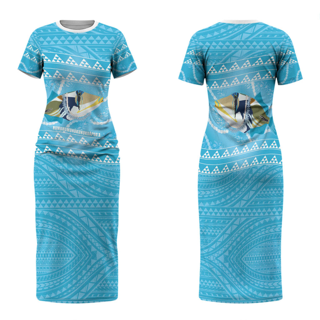 Aloha Hawaii Humuhumu Reef Triggerfish Family Matching Short Sleeve Bodycon Dress and Hawaiian Shirt Hawaiian Leis Kakau Pattern LT14 Mom's Dress Blue - Polynesian Pride
