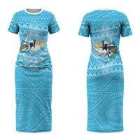 Aloha Hawaii Humuhumu Reef Triggerfish Family Matching Short Sleeve Bodycon Dress and Hawaiian Shirt Hawaiian Leis Kakau Pattern LT14 Mom's Dress Blue - Polynesian Pride