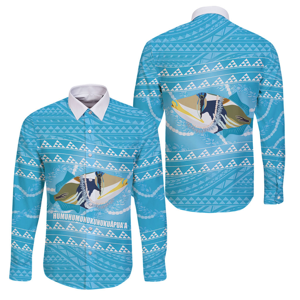 Aloha Hawaii Humuhumu Reef Triggerfish Family Matching Short Sleeve Bodycon Dress and Hawaiian Shirt Hawaiian Leis Kakau Pattern LT14 Dad's Shirt - Long Sleeve Blue - Polynesian Pride