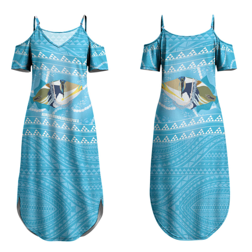 Aloha Hawaii Humuhumu Reef Triggerfish Family Matching Summer Maxi Dress and Hawaiian Shirt Hawaiian Leis Kakau Pattern LT14 Mom's Dress Blue - Polynesian Pride