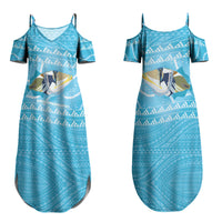 Aloha Hawaii Humuhumu Reef Triggerfish Family Matching Summer Maxi Dress and Hawaiian Shirt Hawaiian Leis Kakau Pattern LT14 Mom's Dress Blue - Polynesian Pride