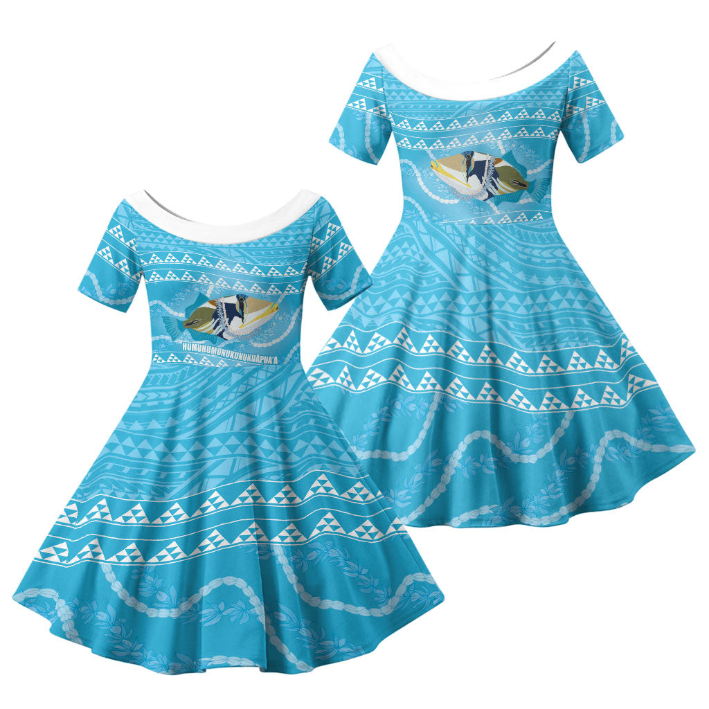 Aloha Hawaii Humuhumu Reef Triggerfish Family Matching Summer Maxi Dress and Hawaiian Shirt Hawaiian Leis Kakau Pattern LT14 Daughter's Dress Blue - Polynesian Pride