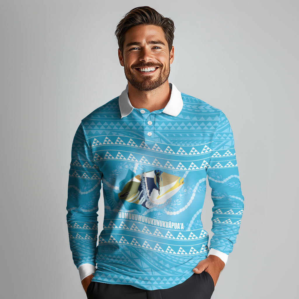 Aloha Hawaii Humuhumu Reef Triggerfish Long Sleeve Polo Shirt Hawaiian Leis Kakau Pattern LT14 - Polynesian Pride