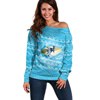 Aloha Hawaii Humuhumu Reef Triggerfish Off Shoulder Sweater Hawaiian Leis Kakau Pattern LT14 Women Blue - Polynesian Pride
