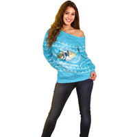 Aloha Hawaii Humuhumu Reef Triggerfish Off Shoulder Sweater Hawaiian Leis Kakau Pattern LT14 - Polynesian Pride
