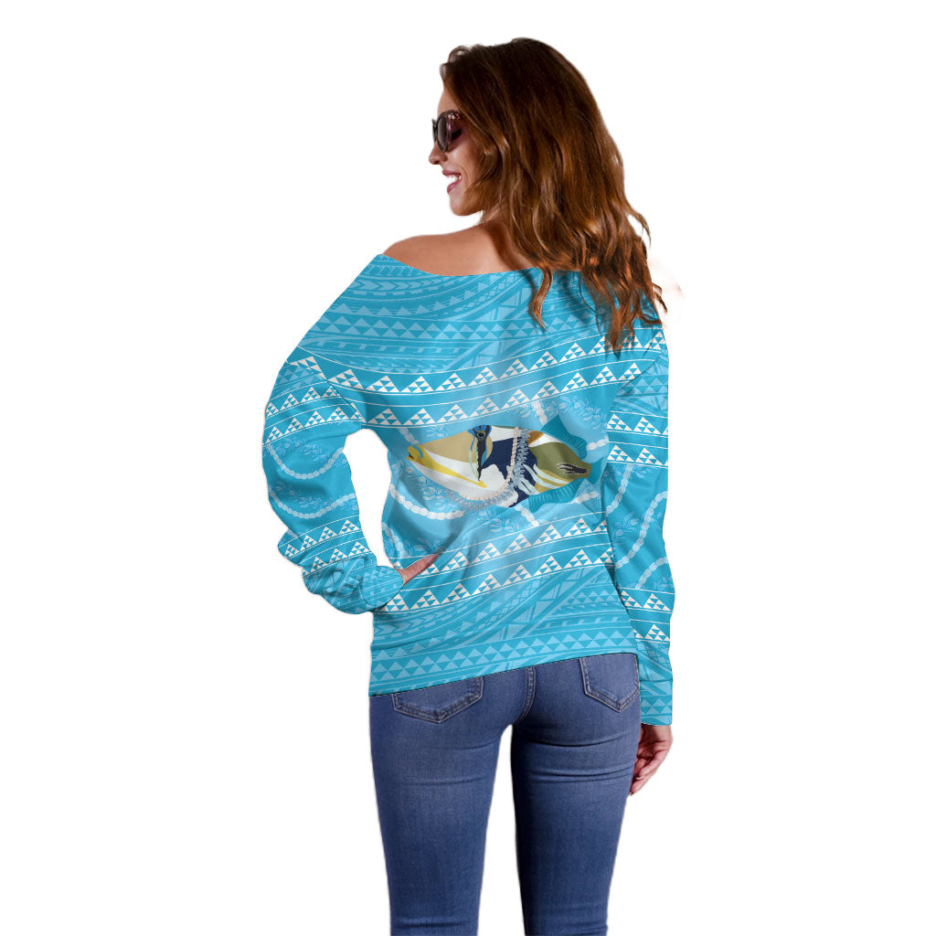 Aloha Hawaii Humuhumu Reef Triggerfish Off Shoulder Sweater Hawaiian Leis Kakau Pattern LT14 - Polynesian Pride