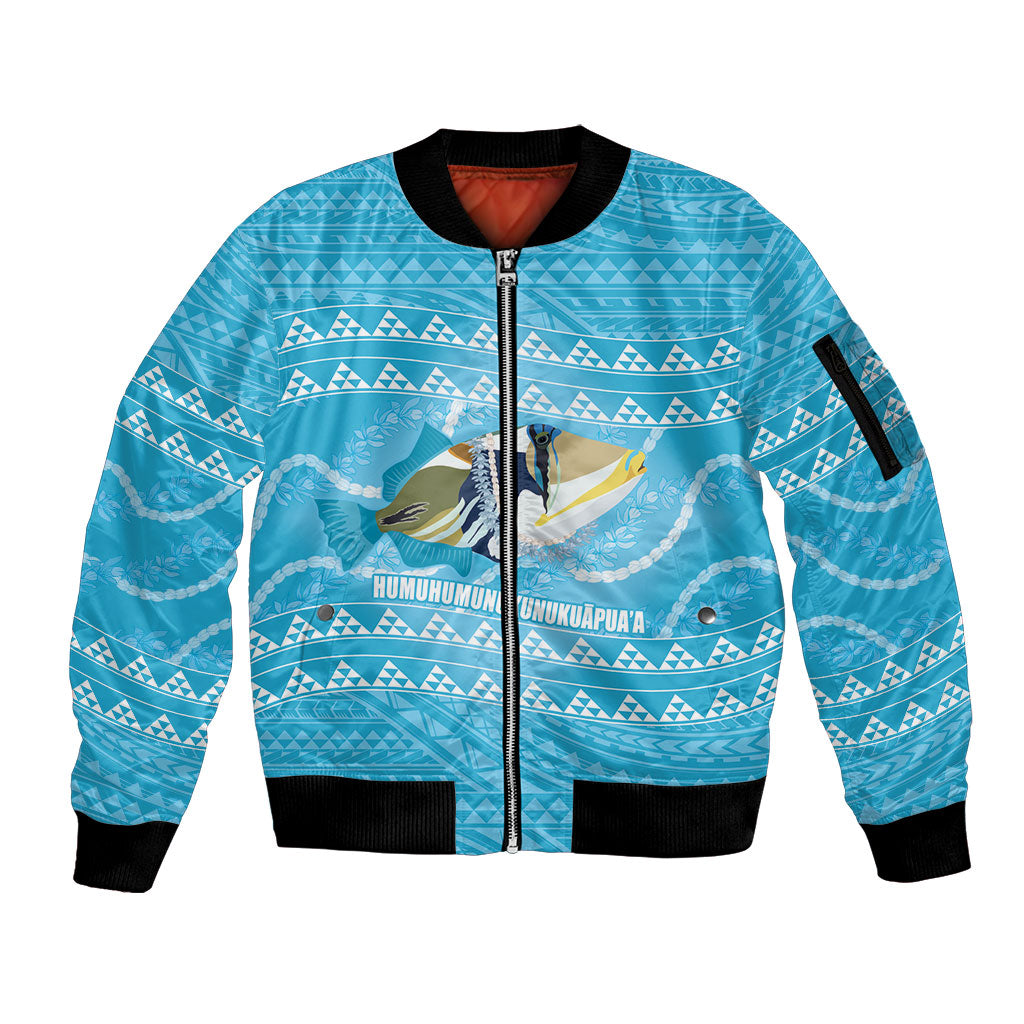Aloha Hawaii Humuhumu Reef Triggerfish Sleeve Zip Bomber Jacket Hawaiian Leis Kakau Pattern LT14 Unisex Blue - Polynesian Pride