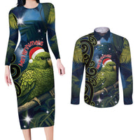 New Zealand Christmas Couples Matching Long Sleeve Bodycon Dress and Long Sleeve Button Shirt Cute Kakapo Meri Kirihimete Maori Koru LT14 Blue - Polynesian Pride