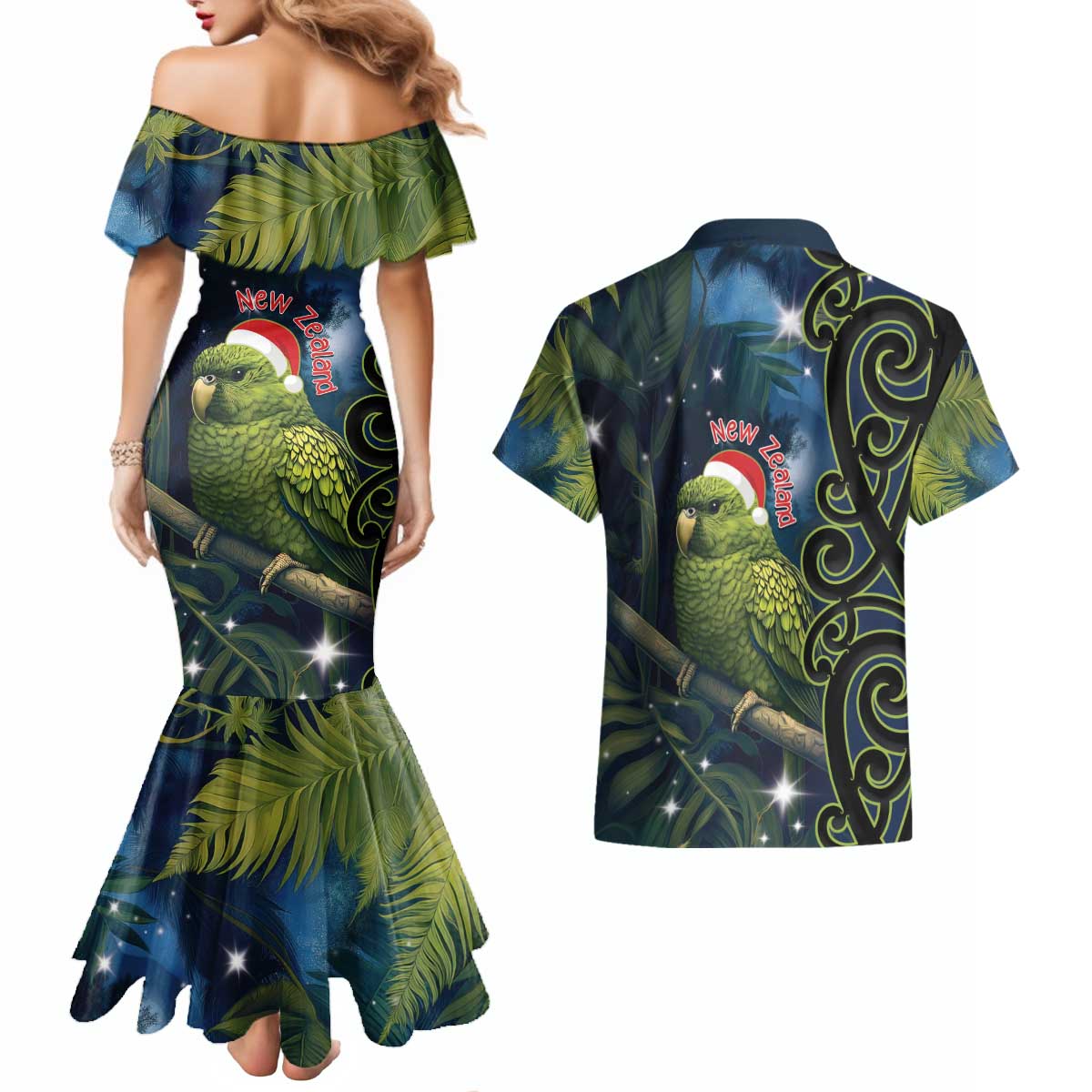 New Zealand Christmas Couples Matching Mermaid Dress and Hawaiian Shirt Cute Kakapo Meri Kirihimete Maori Koru LT14 - Polynesian Pride