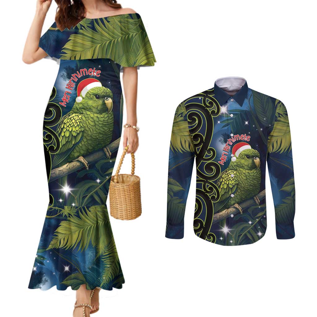 New Zealand Christmas Couples Matching Mermaid Dress and Long Sleeve Button Shirt Cute Kakapo Meri Kirihimete Maori Koru LT14 Blue - Polynesian Pride
