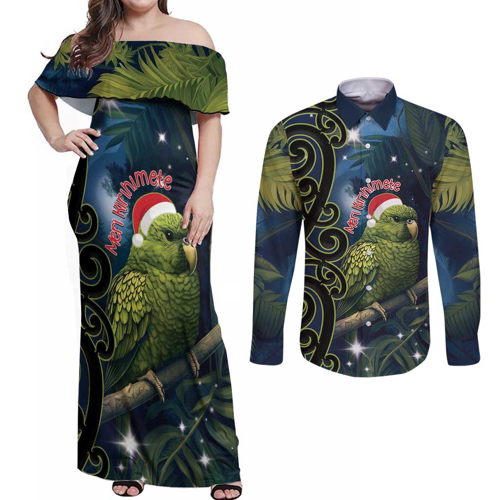 New Zealand Christmas Couples Matching Off Shoulder Maxi Dress and Long Sleeve Button Shirt Cute Kakapo Meri Kirihimete Maori Koru LT14 Blue - Polynesian Pride