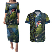 New Zealand Christmas Couples Matching Puletasi and Hawaiian Shirt Cute Kakapo Meri Kirihimete Maori Koru LT14 Blue - Polynesian Pride