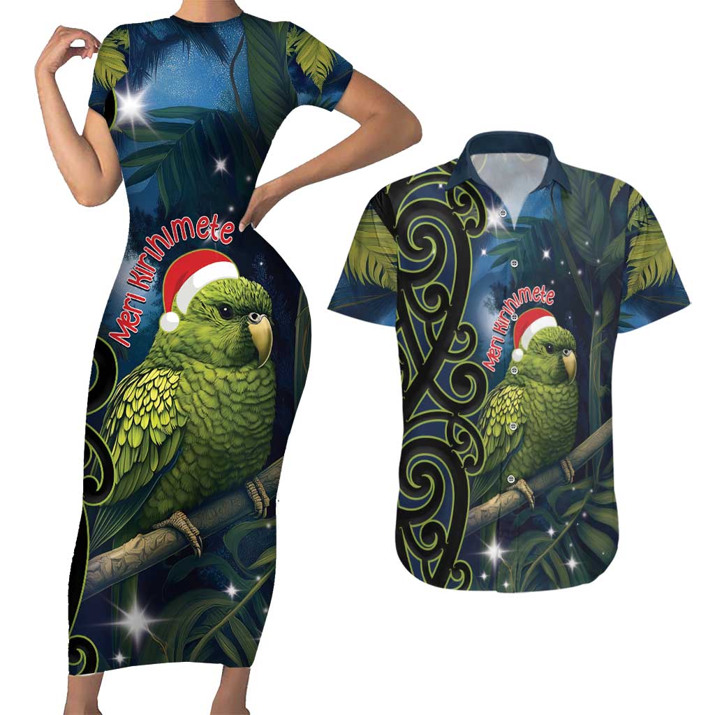 New Zealand Christmas Couples Matching Short Sleeve Bodycon Dress and Hawaiian Shirt Cute Kakapo Meri Kirihimete Maori Koru